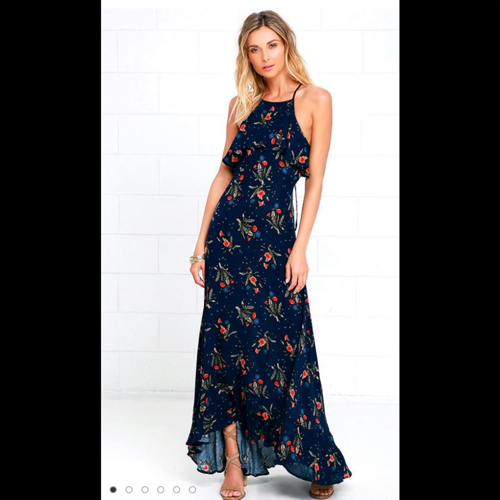 Petal Wishes Navy Blue Floral Print Maxi Dress